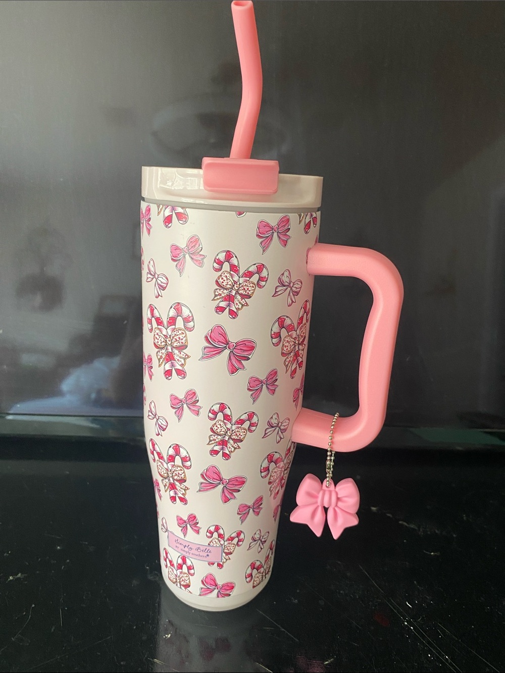Simply southern Pink Candy Cane & Bow Travel Tumbler with Handle and Straw NWOT